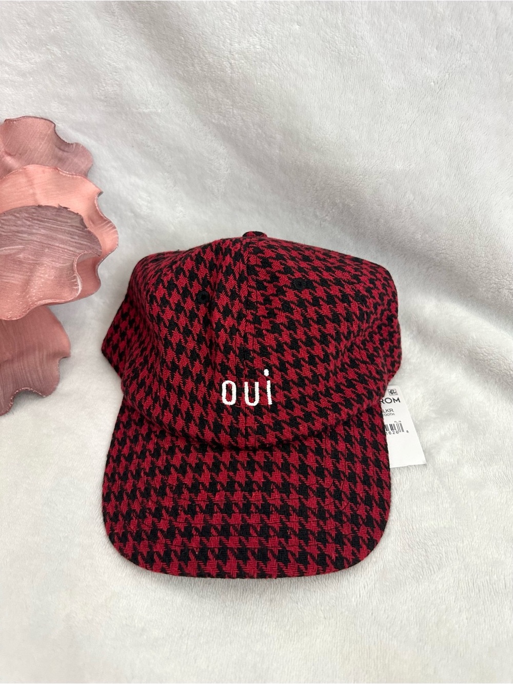 NWT Clare V. Oui Wool Houndstooth Baseball Cap red